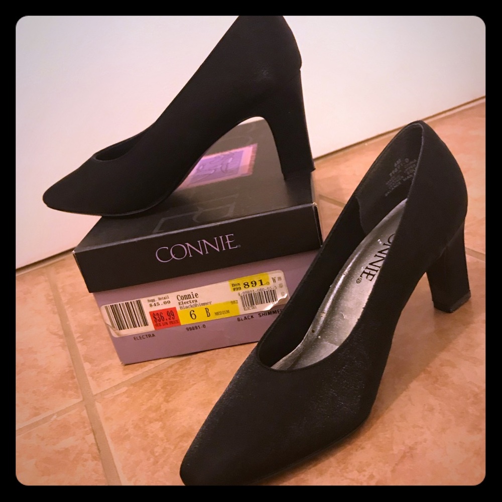 Connie Electra Black Shimmer Fabric Heels. Size 6M